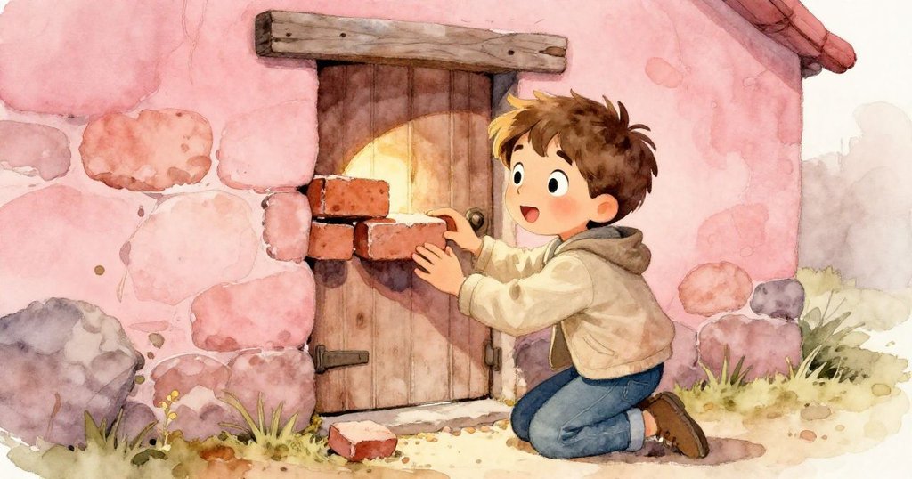 樂奧跪在石牆旁輕觸鬆動的磚塊，發現隱藏小門，玫瑰粉光和金色微光透出神秘感，充滿探索回憶。