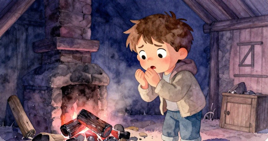 樂奧面露掙扎與挫敗，吹拂著余燼並調整潮濕柴枝，神情緊張，石造壁爐和暗色調背景映出內心衝突。