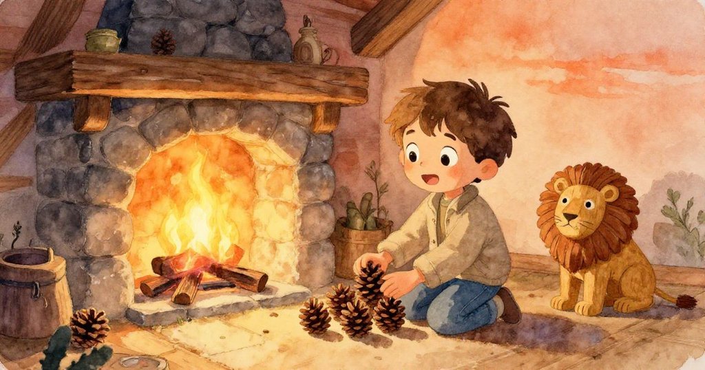 樂奧滿足地在金色火光中擺放松果和木雕獅子，溫暖木屋內重新點燃火爐，展現冒險後的圓滿與希望。