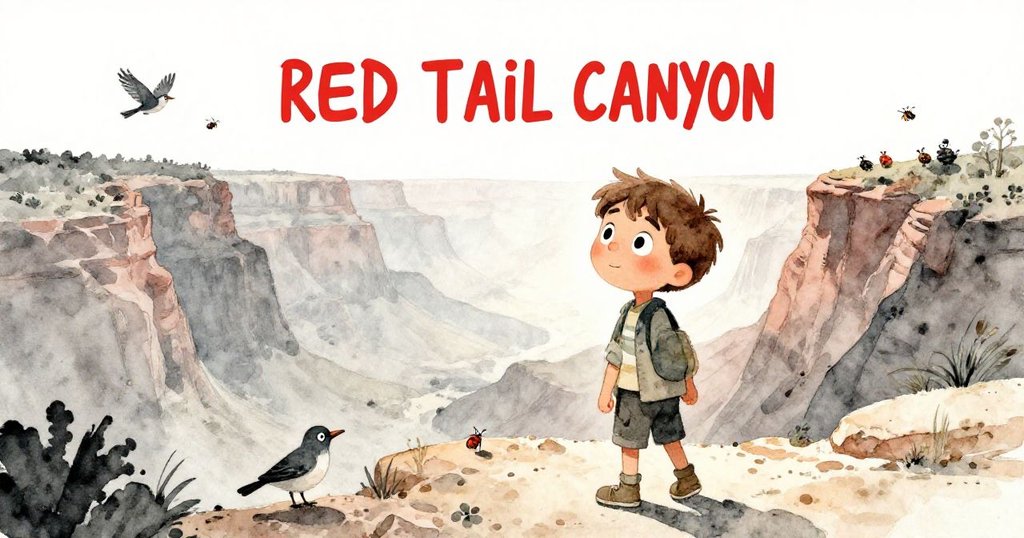 納森在日出時踏進紅尾峽谷，眼神充滿好奇，與鳥兒和昆蟲互動，廣闊景色映出晨光與大地。