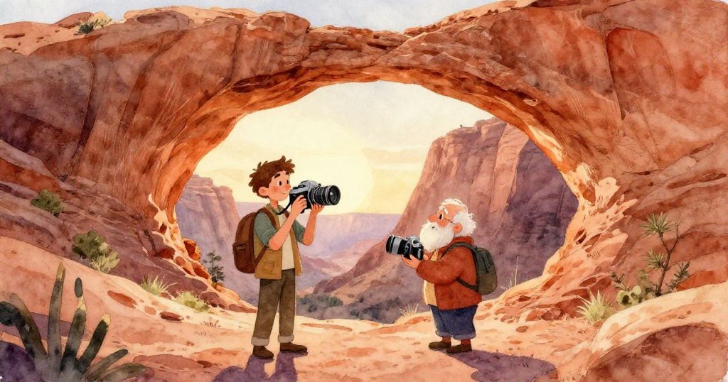 納森專注地用皮帶固定舊三腳架，鏡頭細緻呈現磨損皮革與石頭紋理，充滿堅毅與智慧。