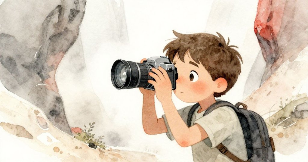 納森透過相機取景器凝視遠方，神情專注，背景隱約流露峽谷光影與微塵飄動，充滿期待。