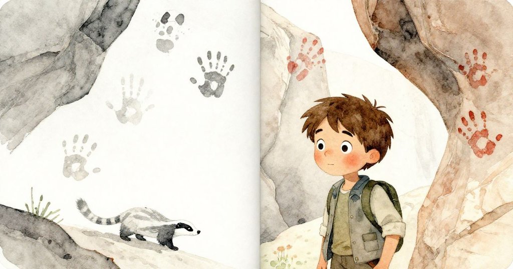 納森意外捕捉到雙重影像，一側是真實峽谷牆面，一側浮現古老手印與動物圖樣，邊緣有獾影掠過，神秘交織。