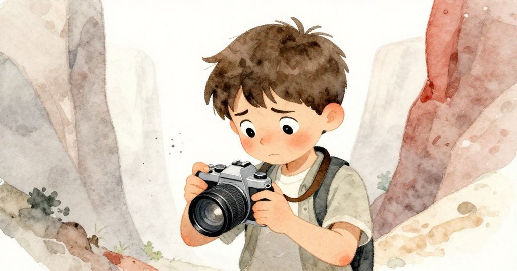 納森專注地按動相機機構，面露糾結與焦慮，塵埃在空中飄舞，呈現出內心掙扎的瞬間。