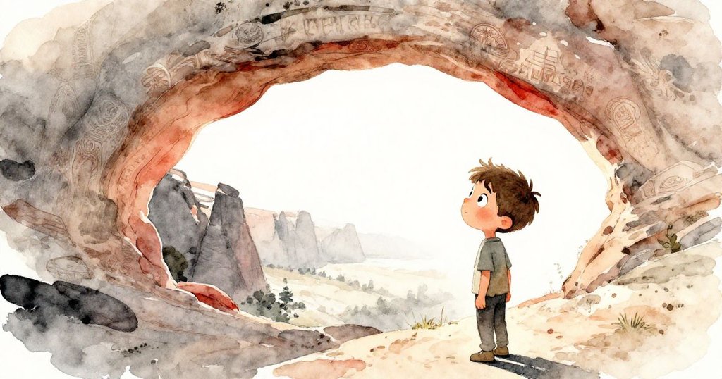 納森在柔和晨光中欣賞銅光閃爍的拱形岩石與古老刻痕，環境寧靜祥和，心情平靜，完美收尾探險。