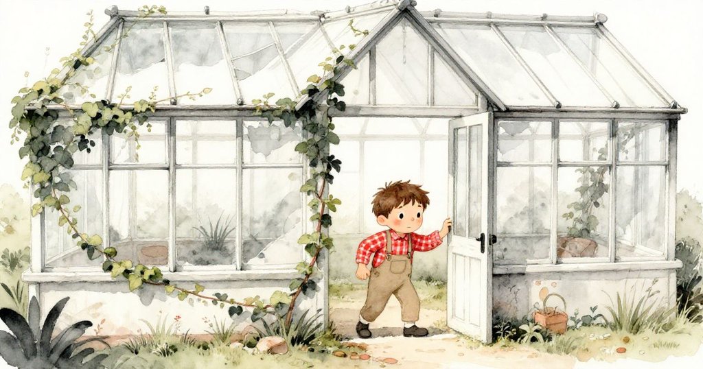 路易斯在古老溫室前拉開歪斜的門，溫室爬滿常春藤，光線柔和，展現探索的期待與神秘。