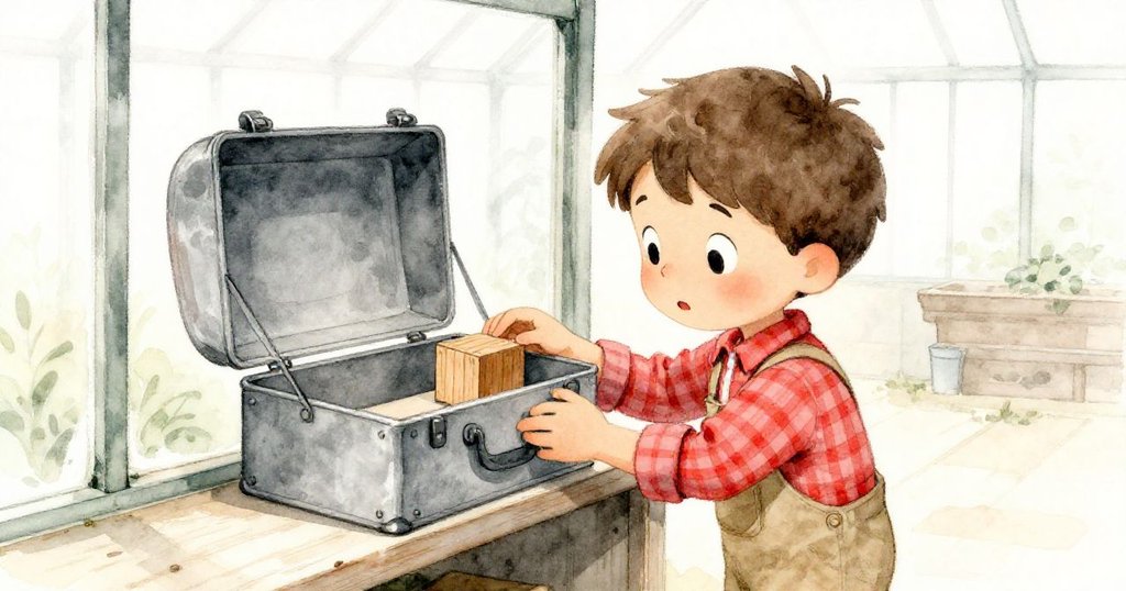 路易斯站在塵封溫室內，專注打開生鏽工具箱，裡面露出小木塊，細節豐富，神情充滿好奇。