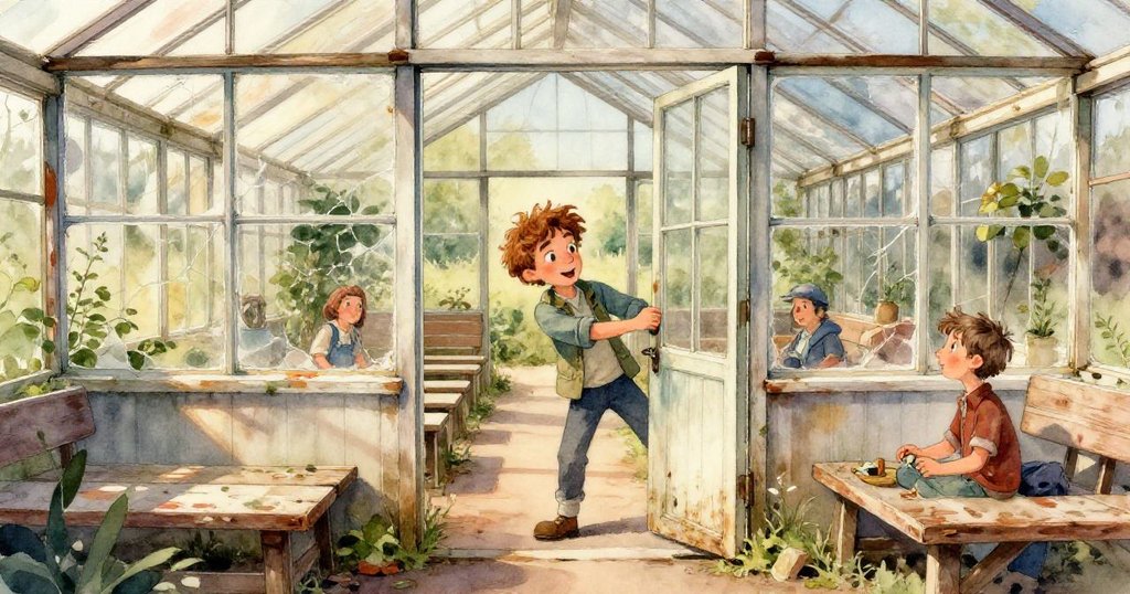 路易斯以第一人稱視角看見溫室內狹長過道，塵封長椅與懸掛玻璃管在微風中輕輕搖曳，展現細膩意境。