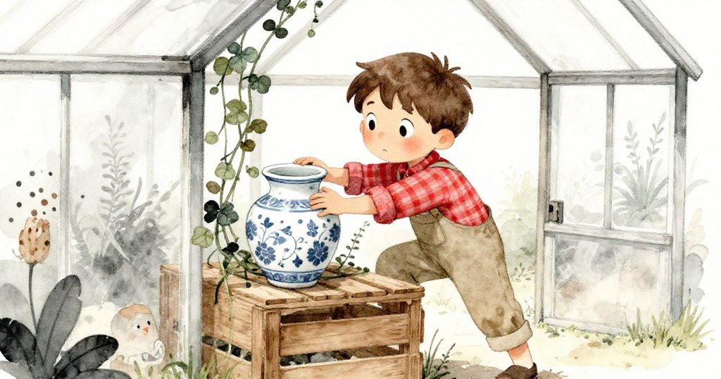 路易斯爬上木箱試圖固定掛藤纏繞的瓷器，神情謹慎勇敢，溫室內光影柔和，充滿緊張與期待。