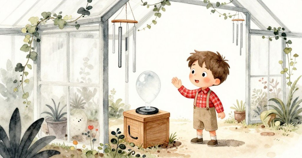 路易斯滿懷喜悅站在復甦溫室中，手持啟動的木盒，背景玻璃管與藤蔓和諧共鳴，展現暖心重聚瞬間。