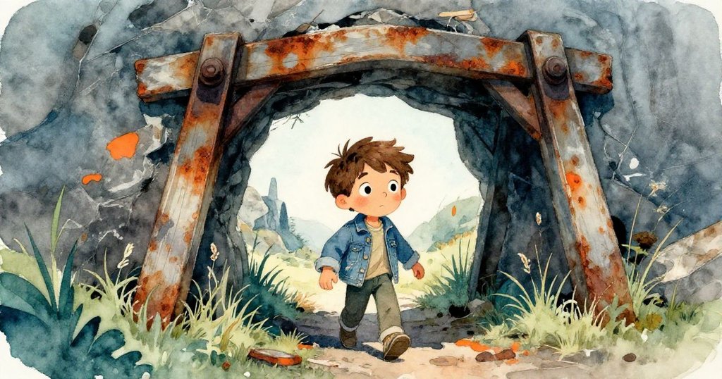 Felix 輕步走入廢棄採石場，背著素描本，通過破舊鐵軌構成的入口，表情充滿好奇與期待。