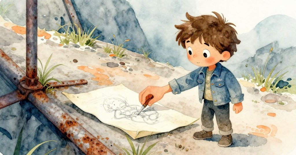 Felix 輕輕翻動素描本的頁面，畫面聚焦手部與生鏽金屬及長出青草的舊木板，展現時間的痕跡。