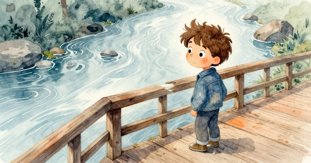 Felix 站在吱吱作響的舊木橋上，透過缺失的欄杆觀看蜿蜒著的河流，臉上流露出驚奇和思索。