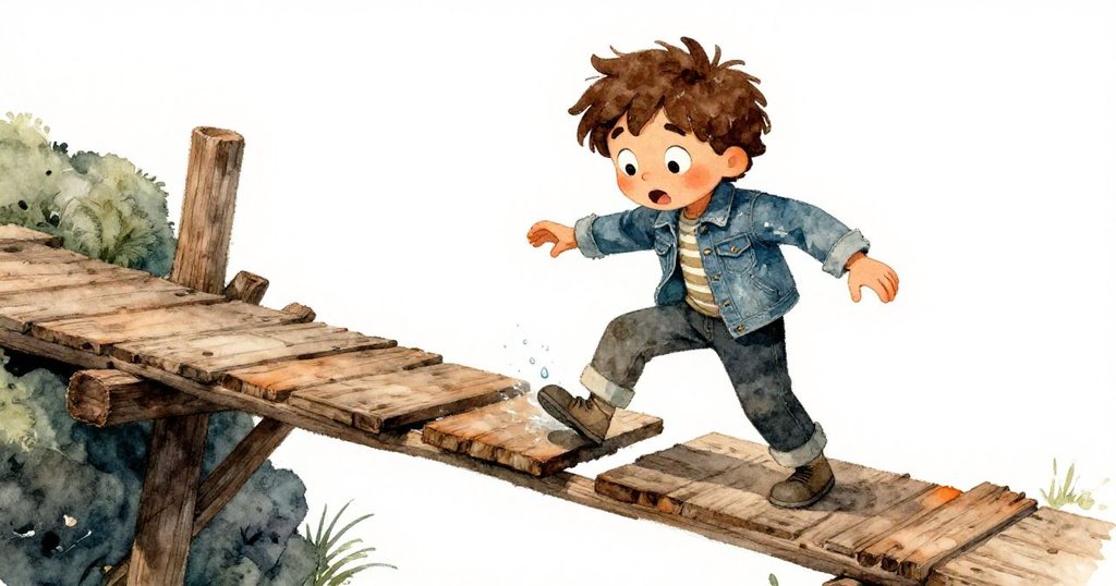 Felix 在搖晃的木橋上小心行走，一塊木板突然下沉，水珠濺上腳踝，他的臉上流露出驚訝與堅定。