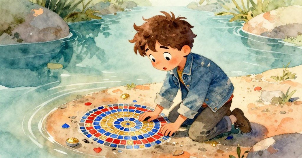 Felix 跪在陽光照耀的淺水池邊，驚喜地發現一幅古老馬賽克，素描本放在一旁，他輕輕拂去沙土，滿臉驚奇。