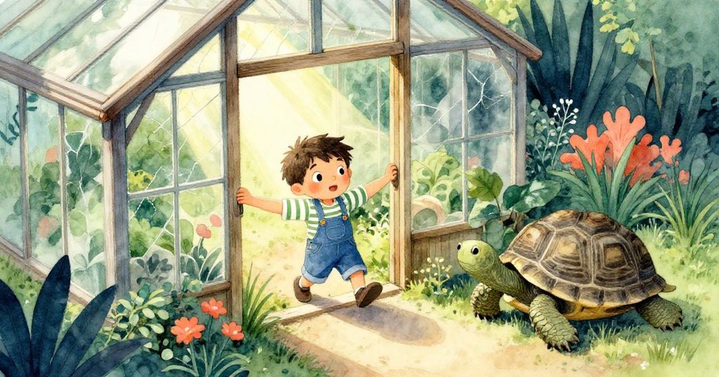 米洛在溫室前用力推門,老烏龜在旁緩步,從俯視視角看見庭園中光影交錯,充滿暖陽與歷史感