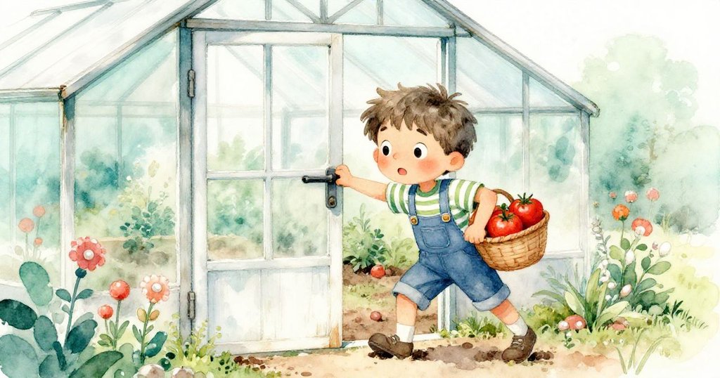 米洛決心推開溫室門閂,腳踏在柔軟土壤上,手持籃子期待鮮紅番茄,充滿活力與溫馨庭園感