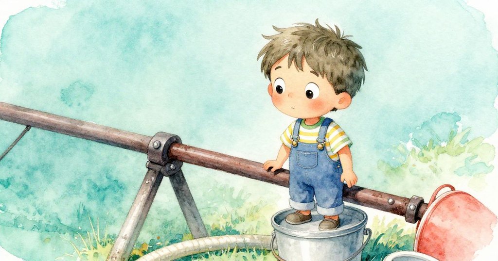 米洛小心踏上倒置的水桶,低角度檢視年久失修的灌溉軌道和扭結水管,透露著往昔季節的記憶與溫柔