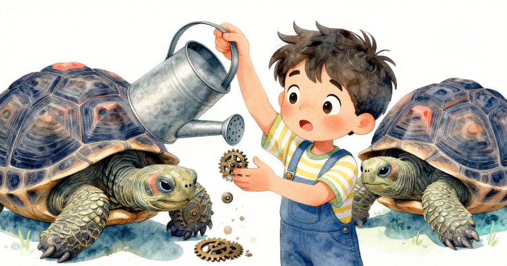 米洛好奇又堅定地舉起金屬澆水壺,內部齒輪悄響揭露秘密機制,老烏龜受到驚嚇緩緩縮回龜殼,充滿細膩情感