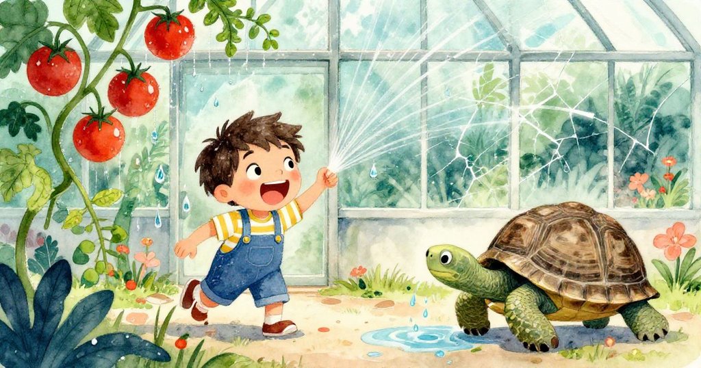 米洛在噴頭啟動後歡笑嬉戲,清水灑在成熟番茄和蔓延藤蔓上,水滴折射出彩虹光芒,老烏龜悠閒伸頸品嘗新潭,場面活潑豐富