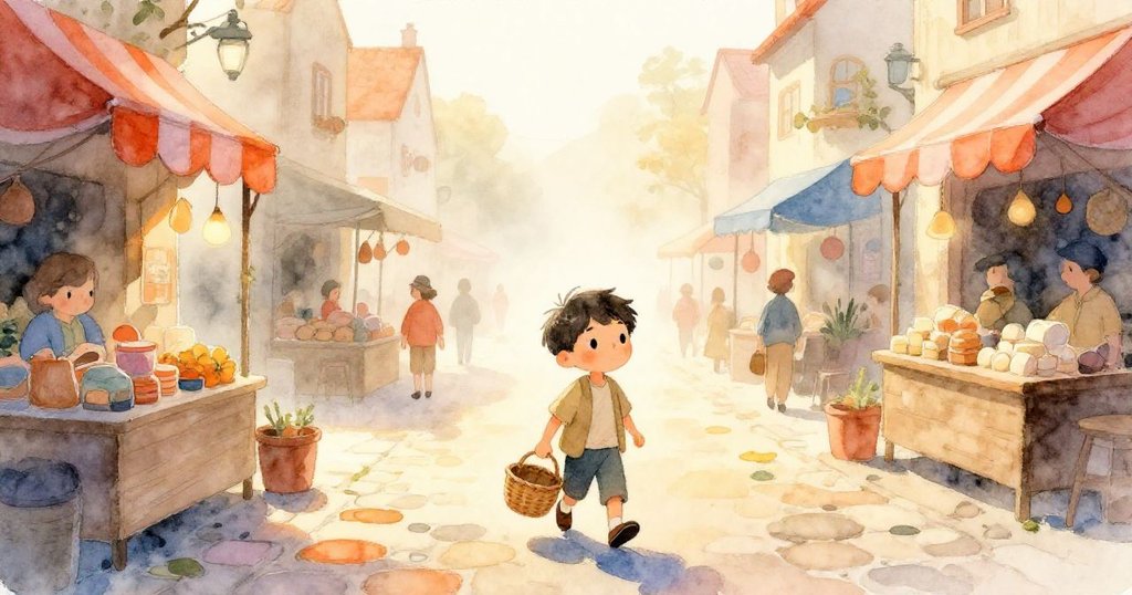 米洛在晨霧中的市場走路，手提籃子穿越石板小巷，陽光透過遮陽篷，表情自信活潑。