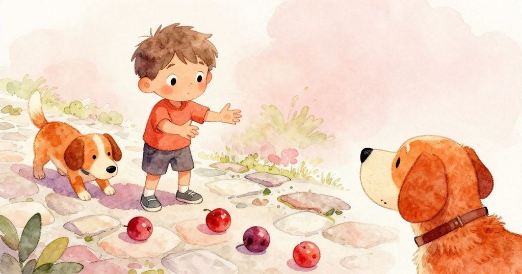 米洛在石板路上揮手呼喚滾動的李子，旁邊流浪狗好奇傾頭觀察，場面充滿溫暖互動。