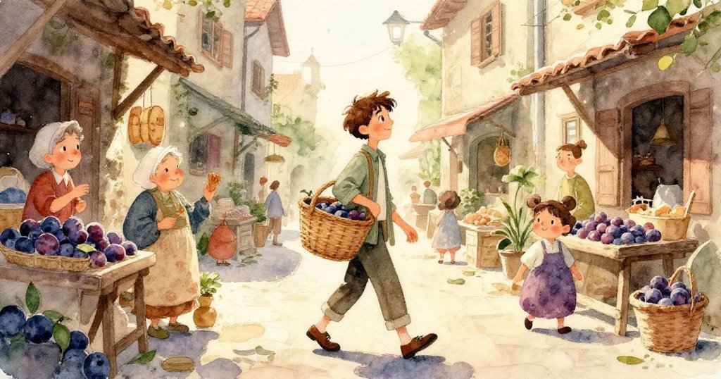 李子沿著彎曲石板路滾動，路面呈現不可思議的幾何結構，背景充滿夢幻與神秘光影。