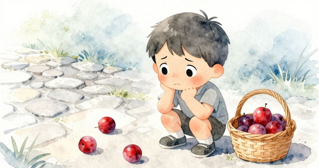 米洛蹲在石板路上撿拾散落李子，臉上流露懊悔與掙扎，背景隱約呈現市場繁忙。