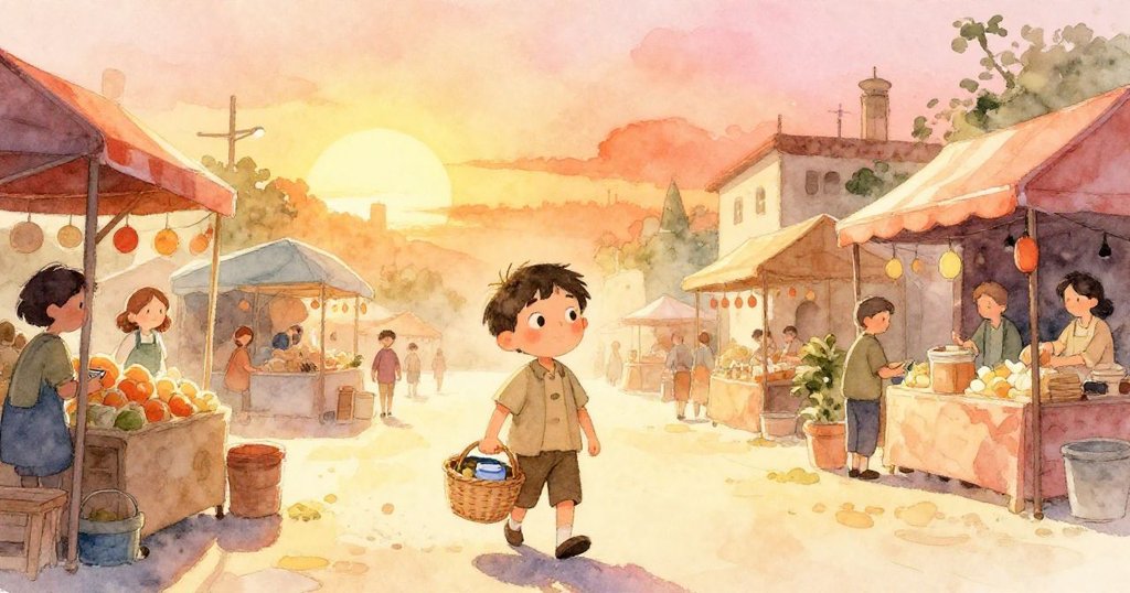 米洛滿足地帶著重新裝滿果實的籃子離開市場，微笑揮手告別喧囂人群，夕陽映照下步伐堅定。