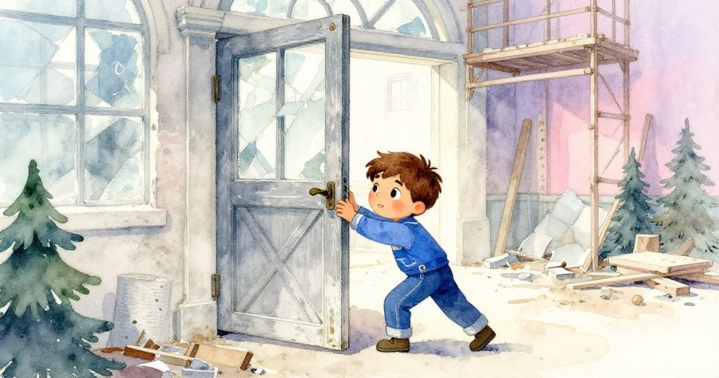 Leo推開沉重舊門進入充滿塵埃與破碎玻璃的市政廳修復區，柔和光線映出古老支撐架，展開故事開始情境。