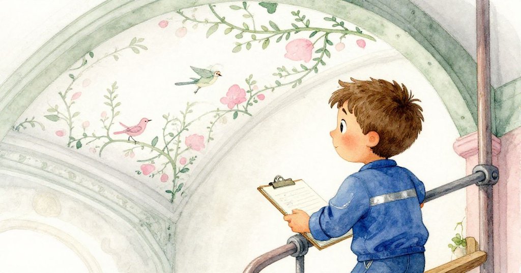 從背後看見Leo攀爬棚架，緊握鐵欄杆穩住畫冊，背景牆面飾有藤蔓飛鳥圖案，情節逐步推進。