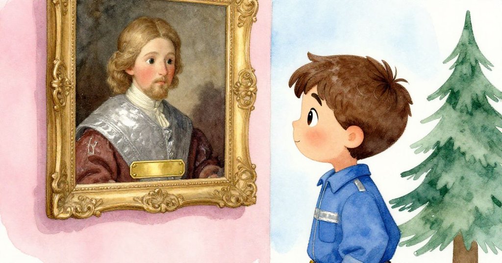 Leo靜立於老市政廳中，凝視著展露古老油畫與黃銅銘牌，背景散發温柔光暈，象徵傳承與美的結局。