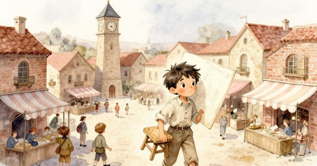 米洛穿越古老市場廣場，手持凳子與畫冊，背景有斑駁時鐘塔與彩條遮蓬，神情充滿期待與活力。