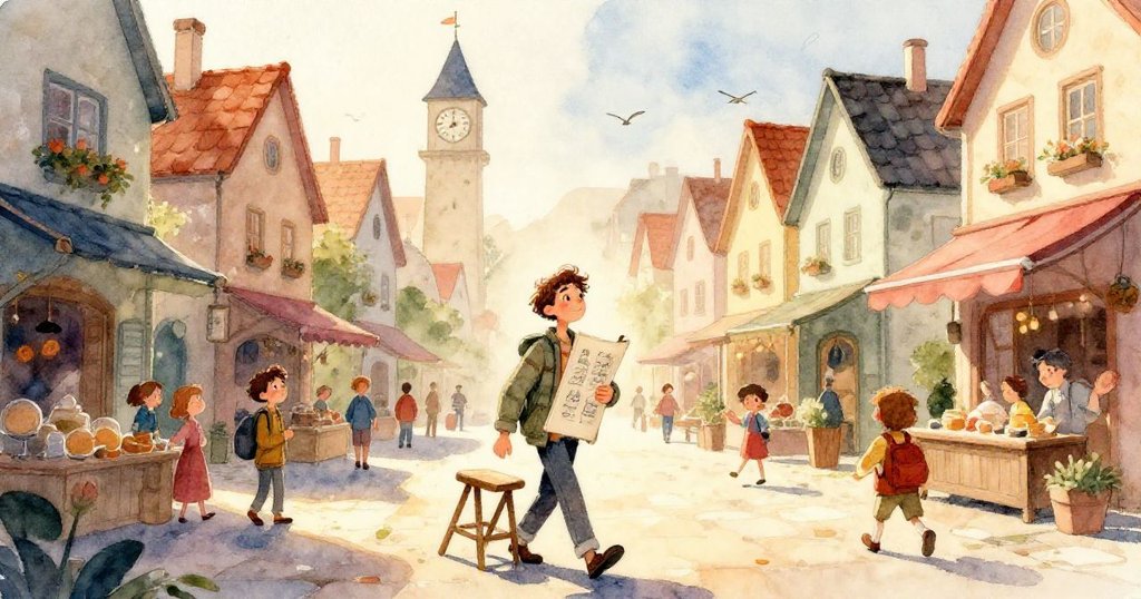 米洛專注操作畫冊，細部展現他用木炭筆輕敲封面，背景隱約見到粗糙鵝卵石，動作細膩又充滿創意。