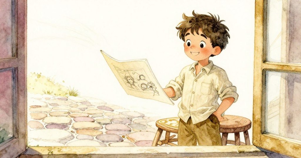 米洛在早晨微風中調整翻飛畫冊，背景中友善的水果販靜靜協助，市集溫情濃郁，充滿互助氛圍。