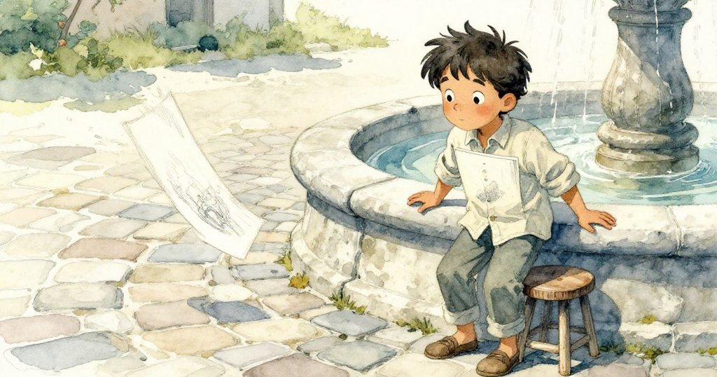 米洛在街市石泉邊動態穩定自己，畫冊隨風翻飛，現場充滿動感與溫馨戶外市景的真實質感。