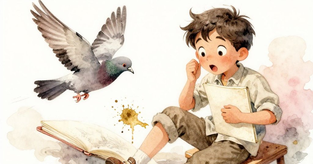 米洛驚訝望著飛起的鴿子，鴿翼輕拂形成烏墨痕跡，畫冊上意外創意瞬間，市集背景映襯溫暖光影。