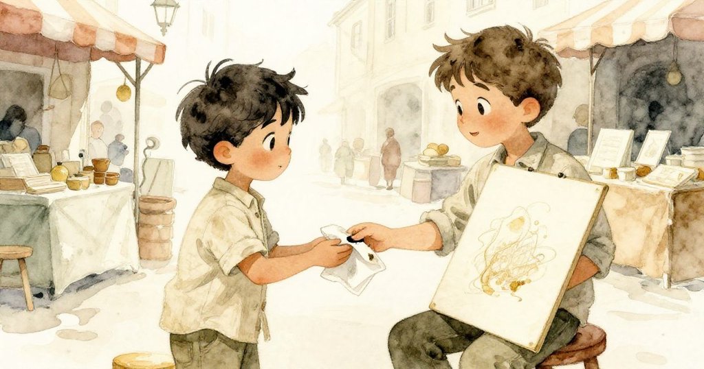 米洛接過小孩遞來的手帕，温柔拭去畫冊上烏墨痕跡，市集背景喧鬧中流露出真摯感恩與互助情懷。