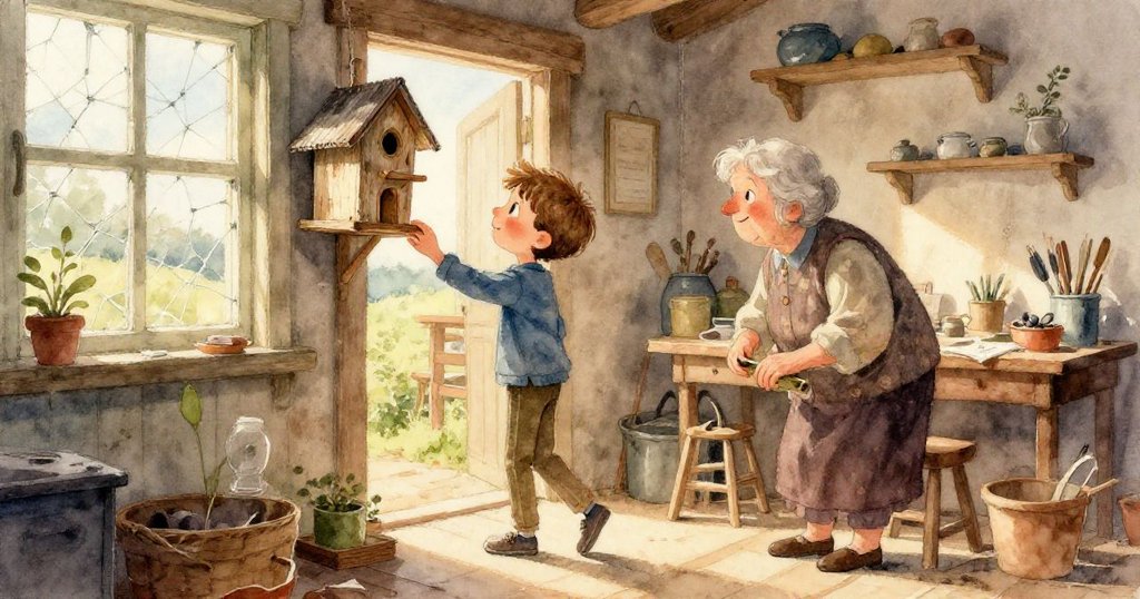 喬爾專注地檢查舊木板並小心堆疊油漆桶,陽光照亮木紋細節,展現出探索與堅持精神。