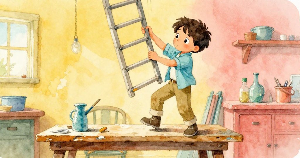 喬爾在工作台上巧妙調整自製梯子,動作專注中透露勇氣,溫暖光線襯托出復古工作室的氣息。