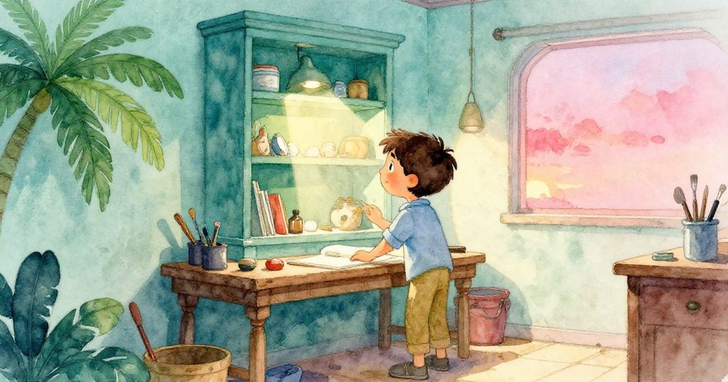 從高處視角,喬爾在古老貨架上發現隱藏夾層,陽光聚焦下呈現出神秘光芒,臉上流露出驚喜。