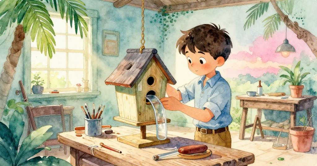 喬爾在午後柔和光線下,把隱藏滑梯安放在修復鳥屋內,整個工作室散發絲絲溫馨與成就感。