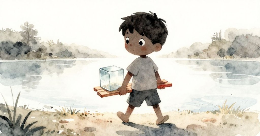 米格爾在黎明的木板路上步行,手持閃亮玻璃立方體,背景為靜謐海灣與海邊建築,展現出充滿希望的輪廓。