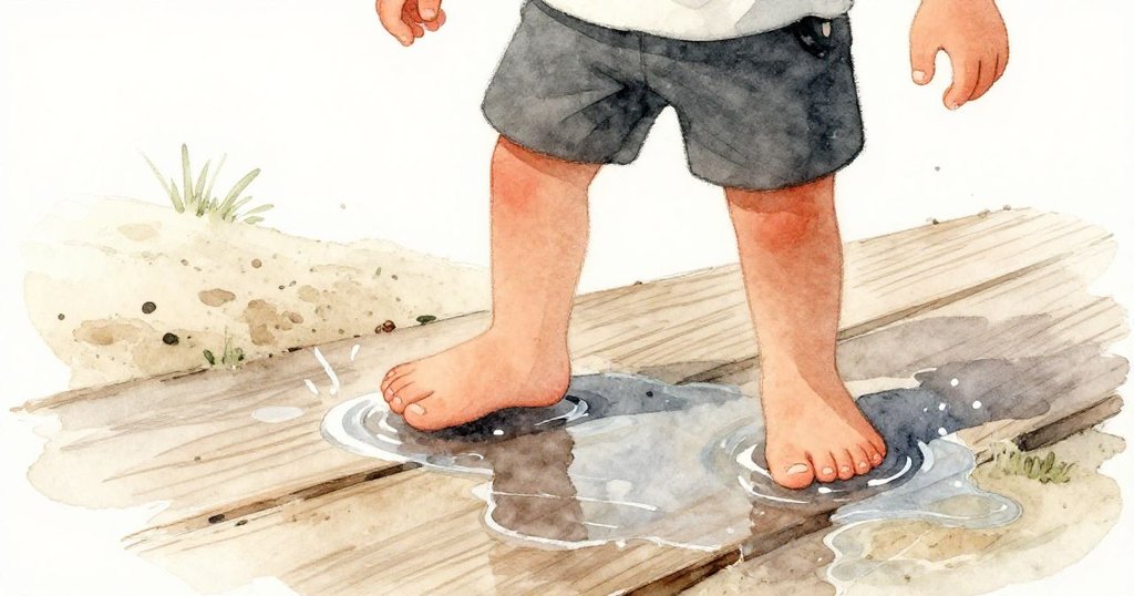 米格爾小心翼翼地踩在濕潤木板上,赤腳觸及細膩沙粒,水光餘影中展現探索與謹慎的步伐。