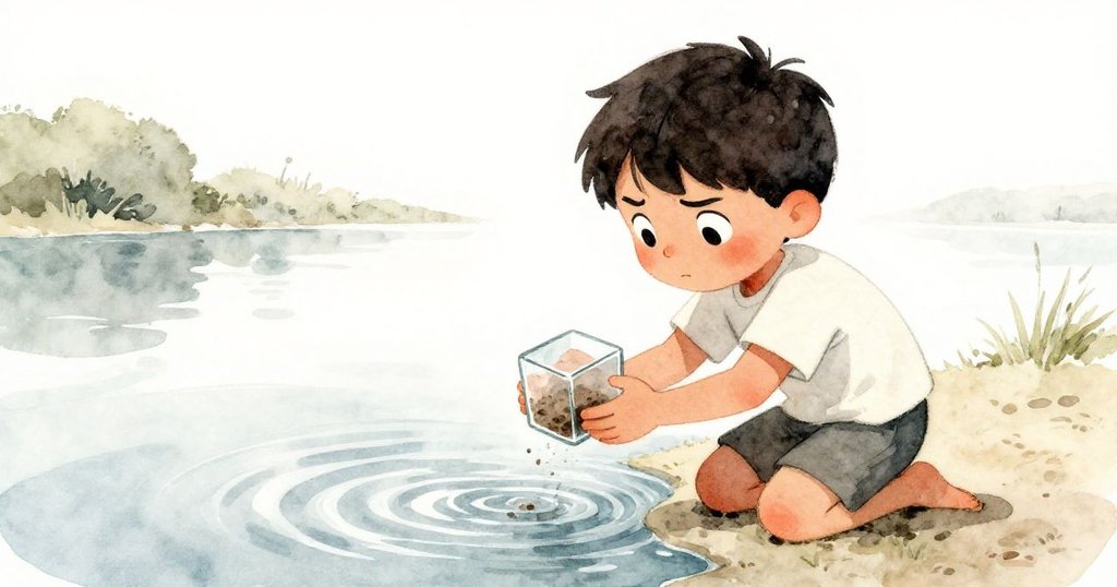 米格爾跪於湖邊,雙手穩握玻璃立方體,凝視水中細微瀰漫的沙粉,臉上流露出堅定與好奇。