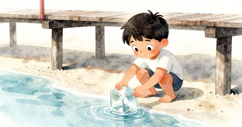 米格爾蹲於沙淺區,小心將玻璃立方體降入清澈水池,四周散發溫暖光芒,展現專注與細膩動作。