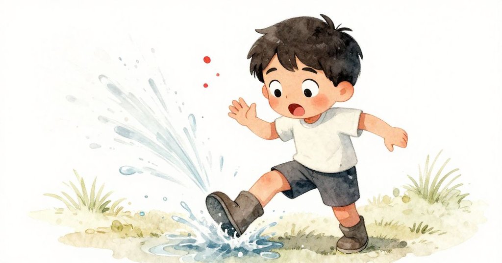 米格爾驚愕後仰,水柱突發噴濺淋濕短褲,臉上驚恐與果斷並存,瞬間捕捉出緊張的戶外冒險。