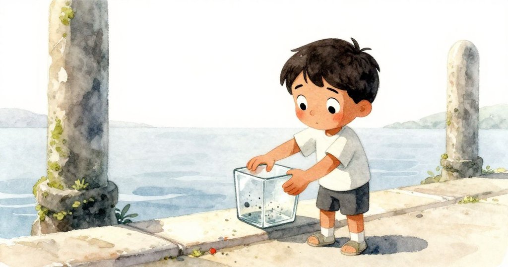 米格爾站於木棧道頂端,將裝滿清水的玻璃立方體輕放在溫暖欄杆上,遠方海天寧靜,內心流露出滿足與平靜。