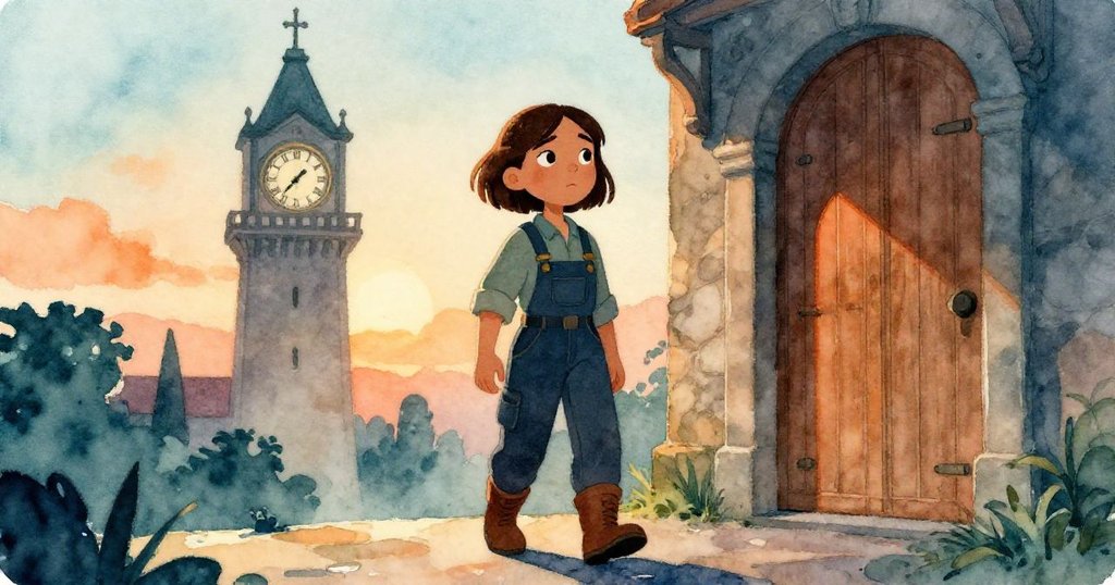 諾拉在晨曦中走向鐘樓的橡木門，背景有晨光與朦朧霧氣，她充滿決心與好奇，邁向冒險之旅。