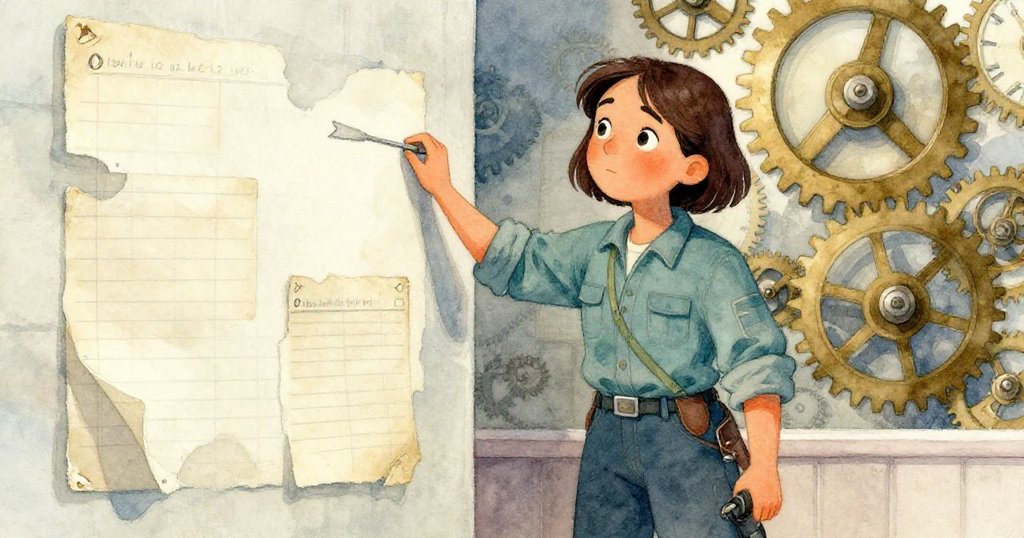 諾拉細心觸碰牆上褪色的粉筆箭頭和舊帳冊，場景室內溫柔燈光下充滿懷舊與探索之意。